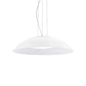 Бял пендел за хол Ideal Lux Lena SP3 D64 035727 с широк стъклен абажур и стоманени въжета