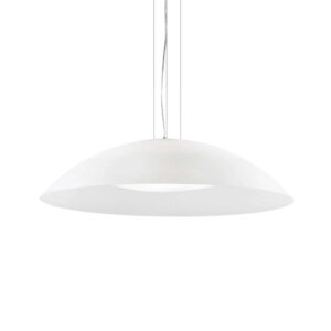 Бял пендел за хол Ideal Lux Lena SP3 D74 052786 с широк стъклен абажур и стоманени въжета
