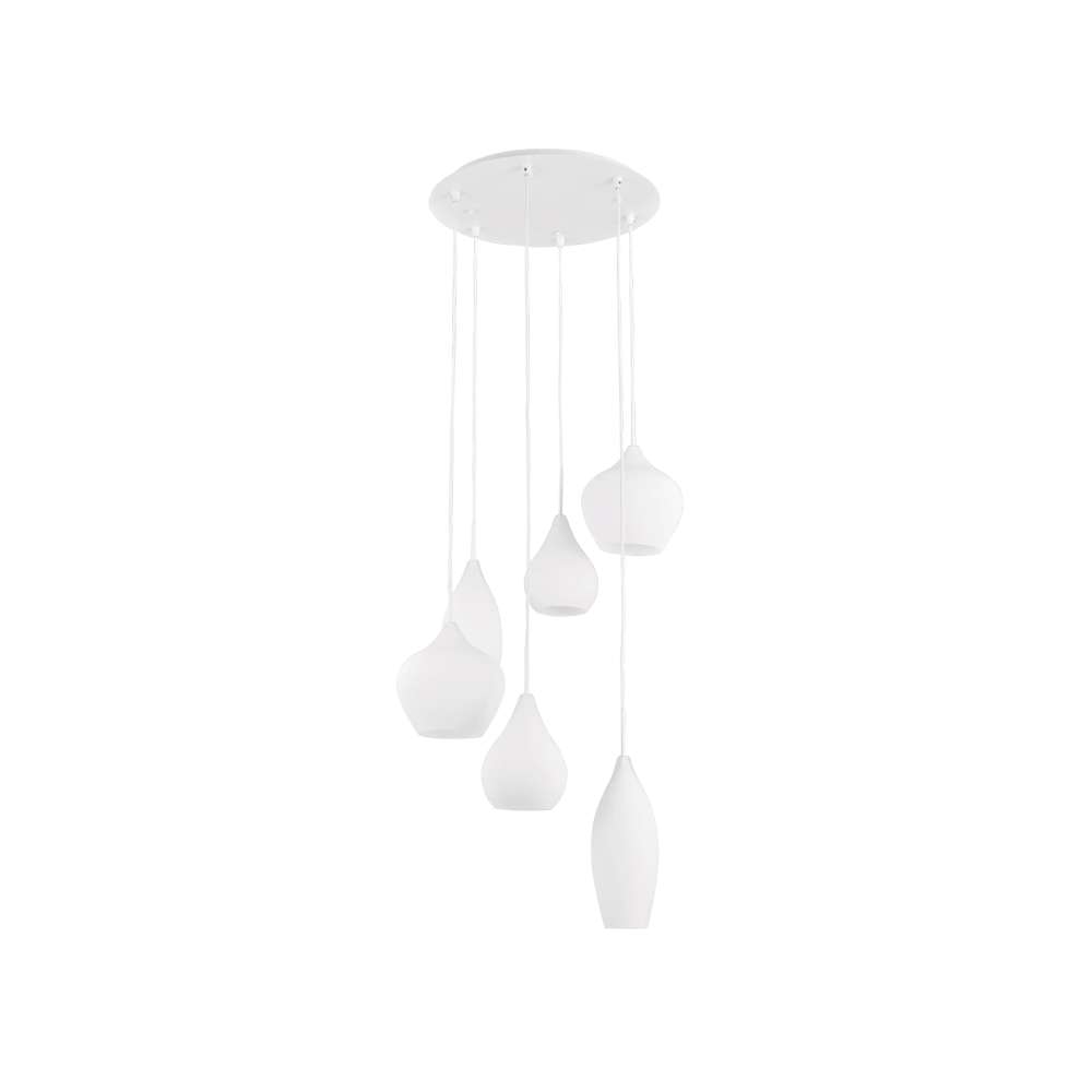 Бял пендел за хол Ideal Lux Soft SP6 087818 с шест бели стъклени абажура и кръгла розетка