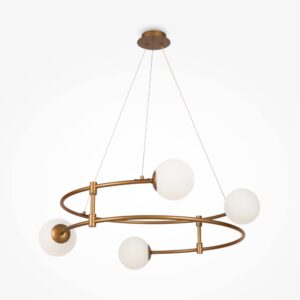 Бронзов пендел Maytoni Balance MOD317PL-04G с четири бели стъклени сфери на сив фон