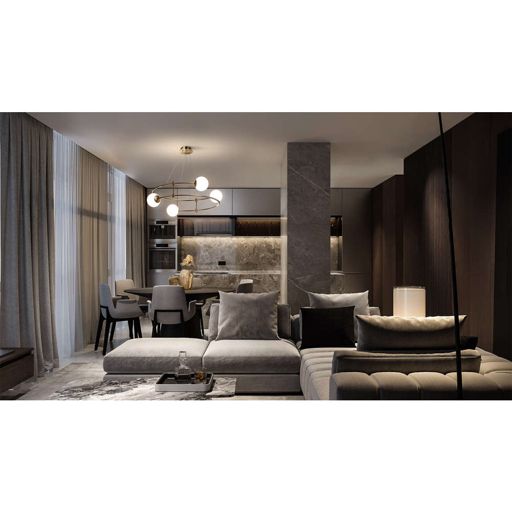Бронзов пендел Maytoni Balance MOD317PL-04G с четири бели стъклени сфери над трапезна маса в дневна