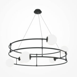 Черен пендел Maytoni Balance MOD317PL-06B с шест бели стъклени сфери на сив фон