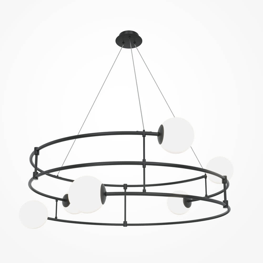 Черен пендел Maytoni Balance MOD317PL-06B с шест бели стъклени сфери на сив фон