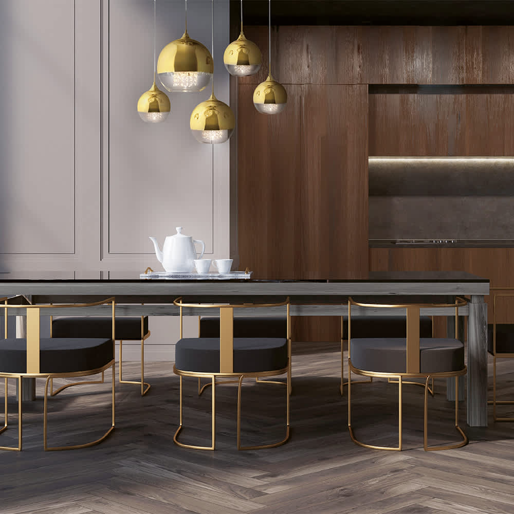 Maytoni Fermi P140-PL-170-5-G - златистият пендел с пет светлини в интериор