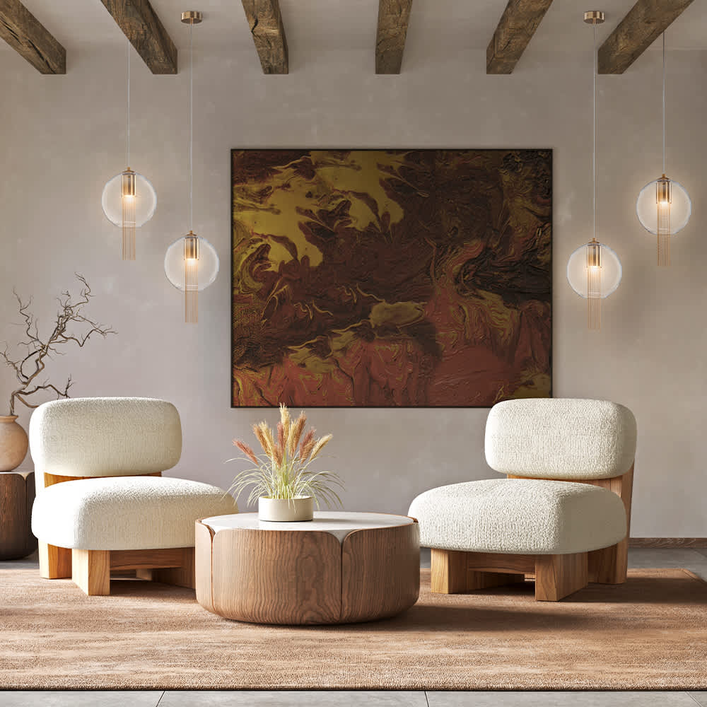 Пендели Maytoni Flusso P095PL-01BZ около картина в дневна с дървени таванни греди