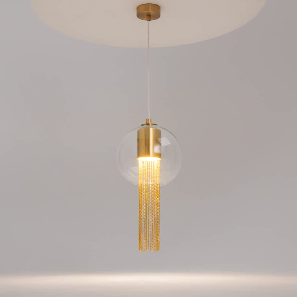 Maytoni Flusso P095PL-01BZ със стъклена сфера, висящи метални верижки и таванна розетка