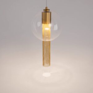 Maytoni Flusso P095PL-01BZ1 - изглед на тялото Прозрачната стъклена сфера и металните верижки на Maytoni Flusso P095PL-01BZ1
