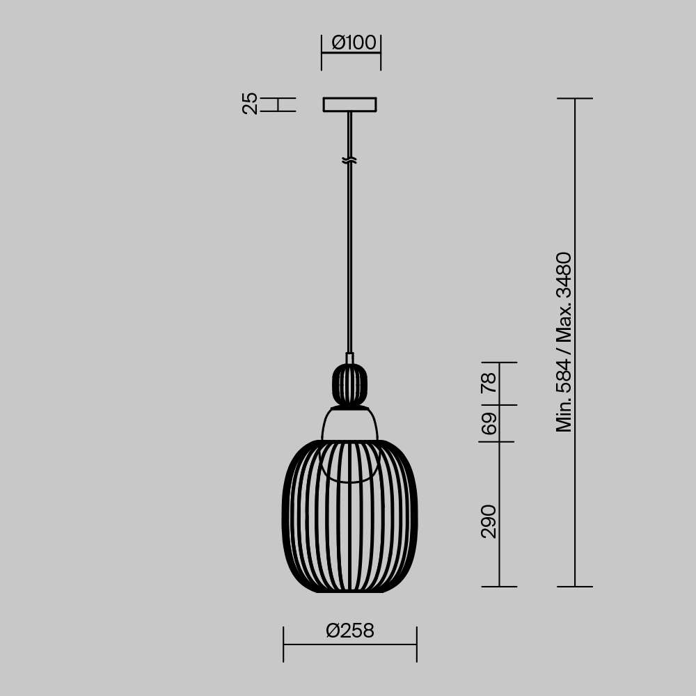 Схема с диаметъра и регулируемата обща височина на Maytoni Levitation MOD376PL-01G1