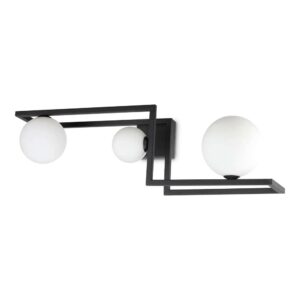 Черният плафон Angolo PL3 284286 на Ideal Lux съчетава ъглова метална рамка с три сфери от матирано бяло стъкло