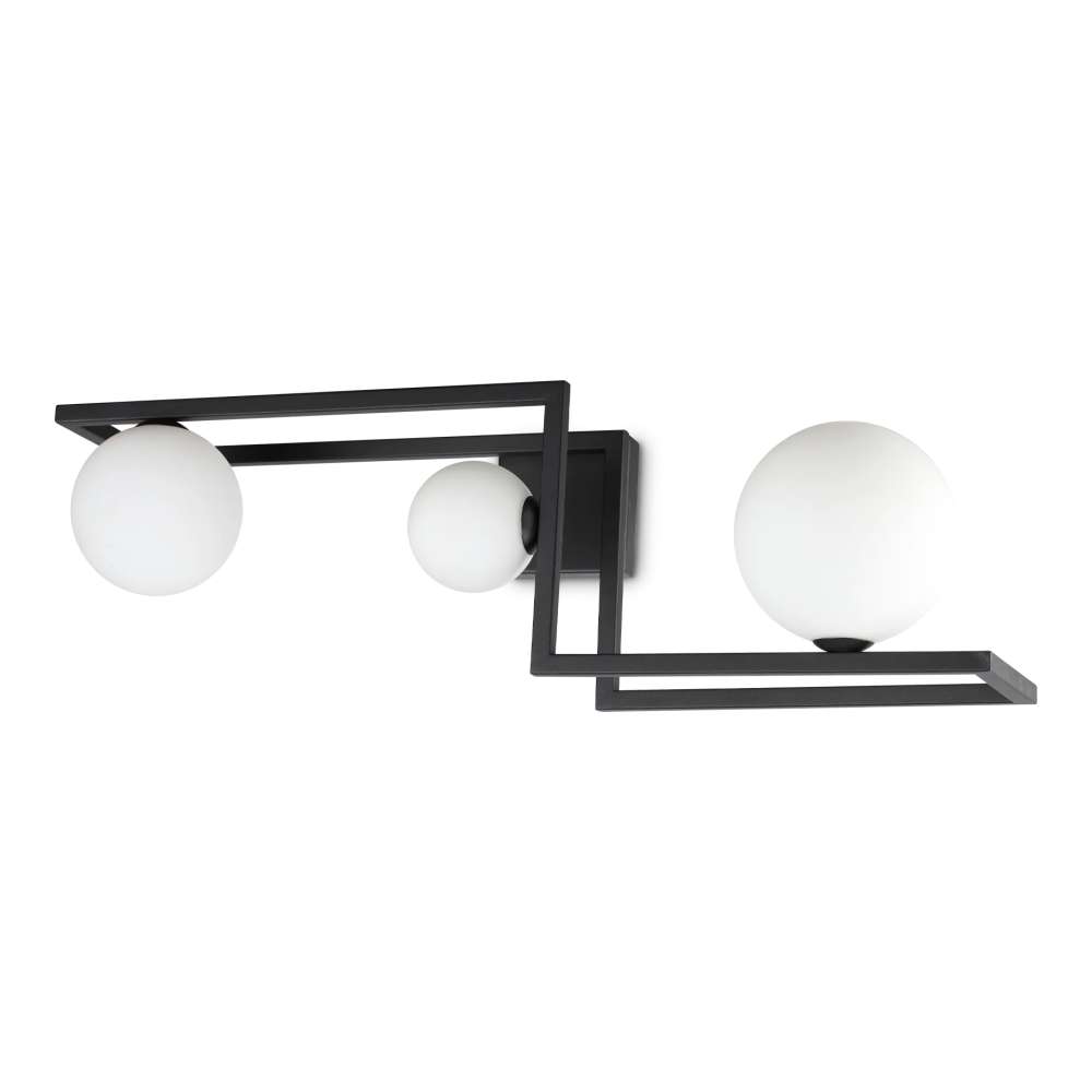 Черният плафон Angolo PL3 284286 на Ideal Lux съчетава ъглова метална рамка с три сфери от матирано бяло стъкло