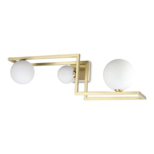 Плафонът Ideal Lux Angolo PL3 284330 има метална рамка с месингово покритие и три сферични дифузера от матирано бяло стъкло