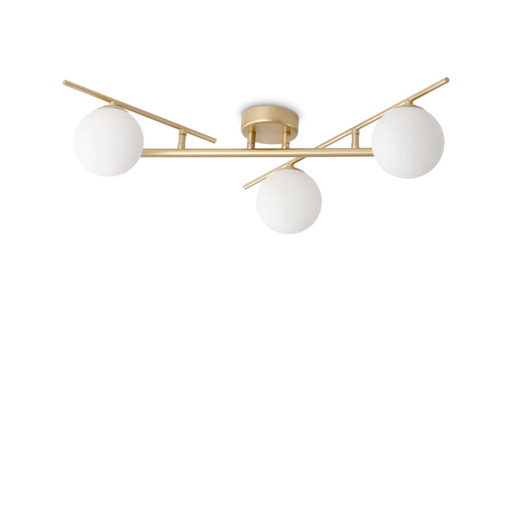 Плафон Ideal Lux Atlas PL3 ORO 311340 с златист цвят на металните рамена и 3 бели стъклени сфери