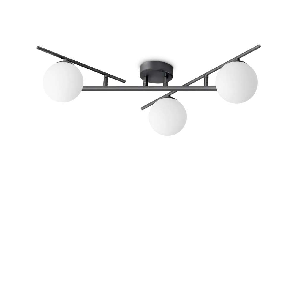 Плафон Ideal Lux Atlas PL3 NERO 311357 с черен цвят на металните рамена и 3 бели стъклени сфери
