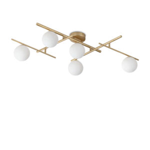 Плафон Ideal Lux Atlas PL5 ORO 311364 с златист цвят на металните рамена и 5 бели стъклени сфери
