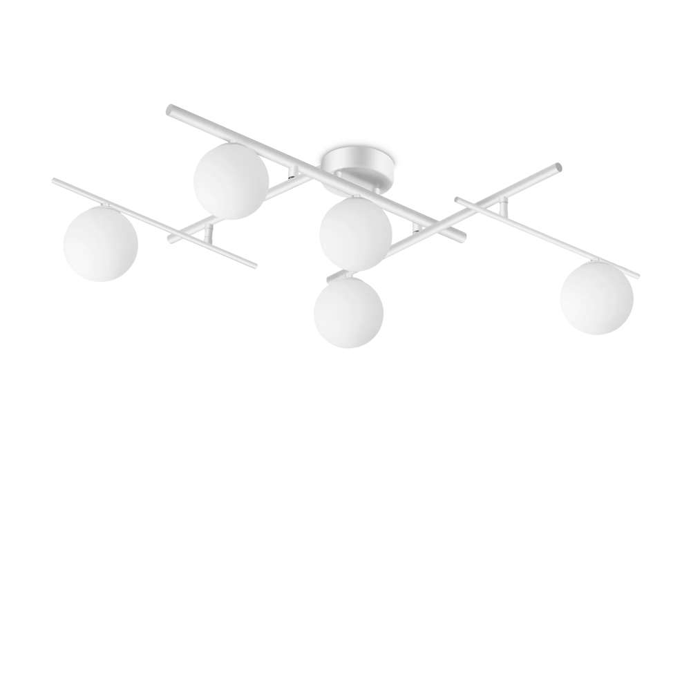 Плафон Ideal Lux Atlas PL5 BIANCO 328225 с бял цвят на металните рамена и 5 бели стъклени сфери