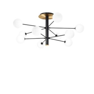 Плафон Ideal Lux Cosmopolitan PL10 273693 в черно и месинг с бели стъклени сфери на бял фон