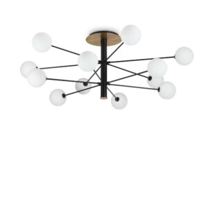 Плафон Ideal Lux Cosmopolitan PL12 273709 в черно и месинг с бели стъклени сфери на бял фон