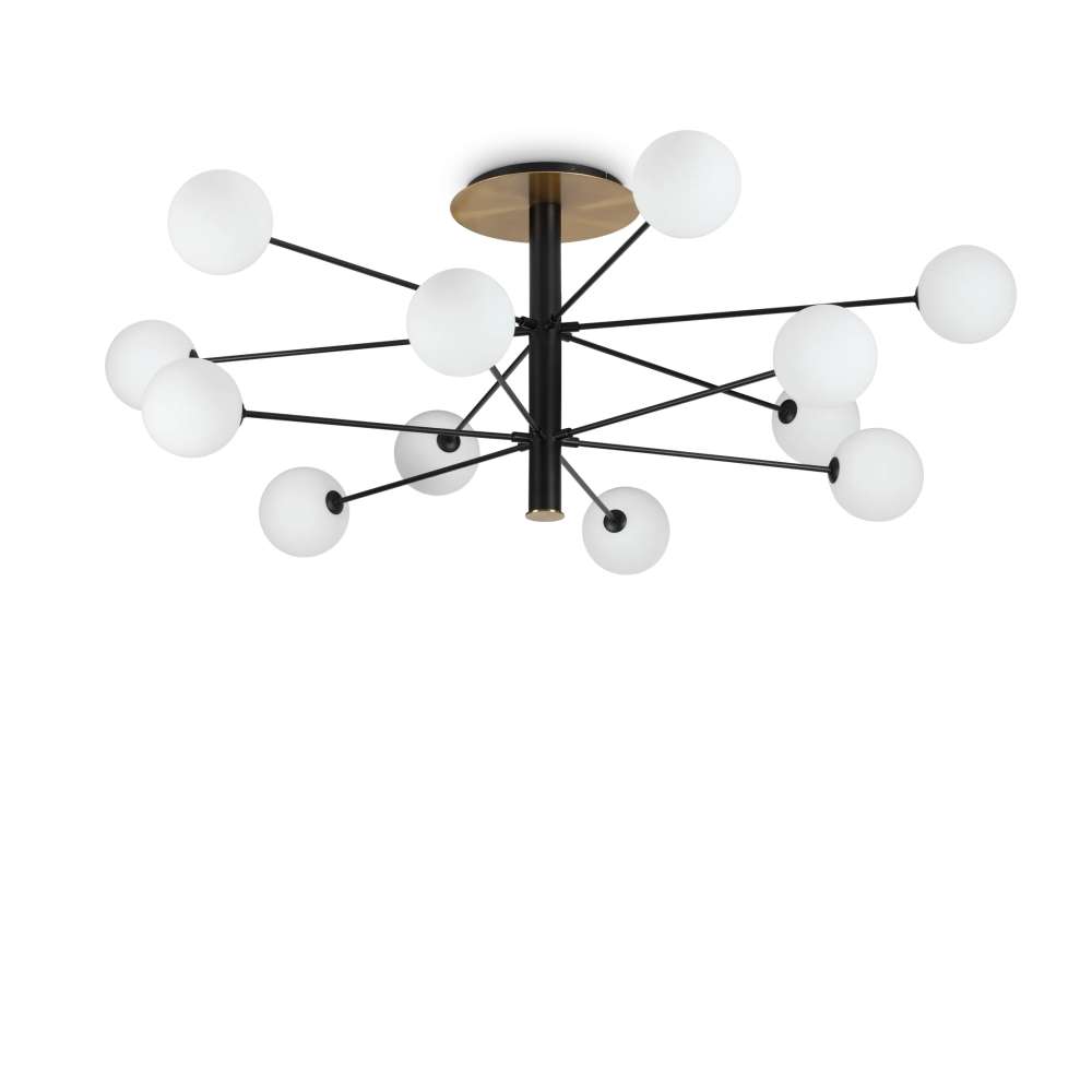 Плафон Ideal Lux Cosmopolitan PL12 273709 в черно и месинг с бели стъклени сфери на бял фон