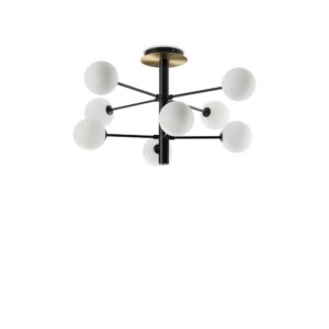 Плафон Ideal Lux Cosmopolitan PL8 328485 в черно и месинг с бели стъклени сфери на бял фон