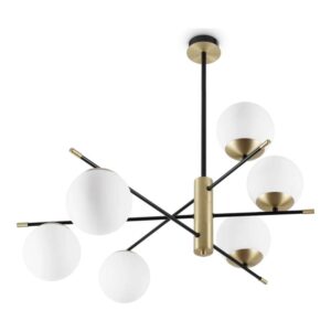 Плафон Ideal Lux Gourmet PL6 289496 с шест бели стъклени сфери, черни метални рамена и месингови детайли