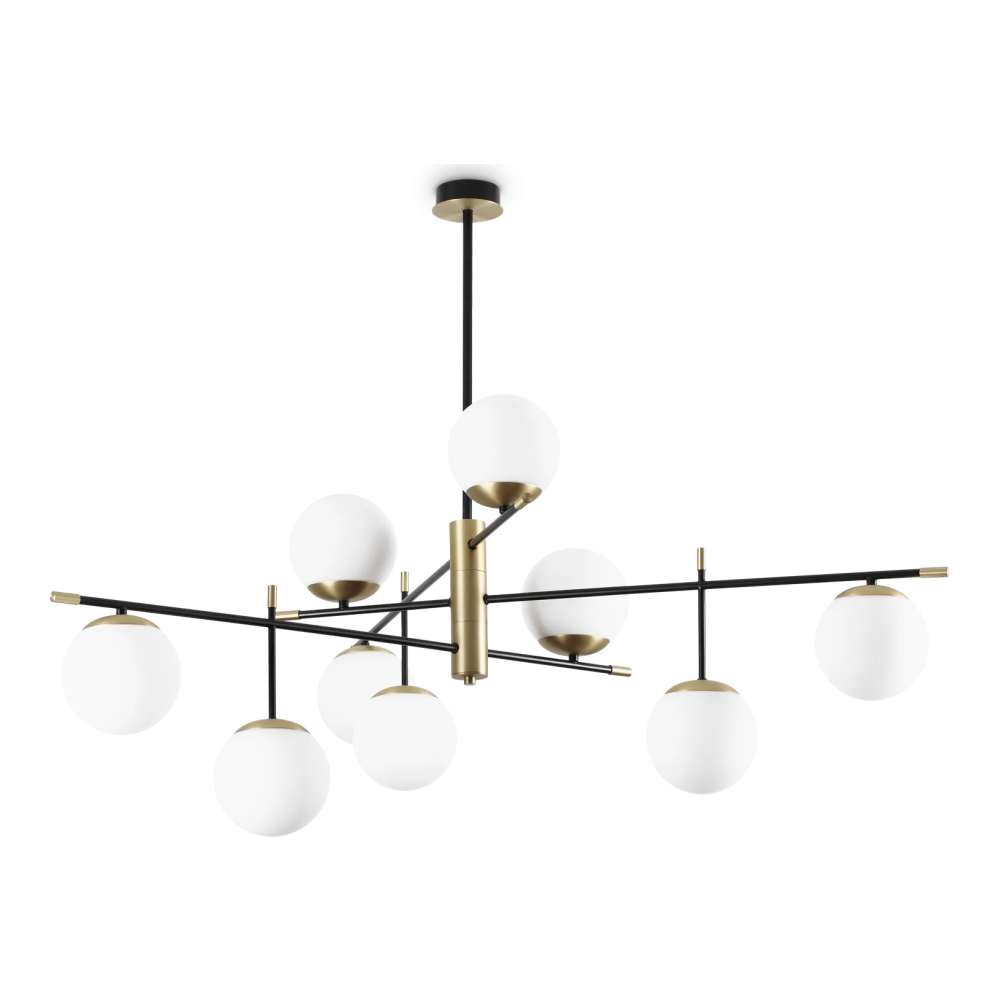 Плафон Ideal Lux Gourmet PL9 289489 с девет бели сфери, черни рамена и месингови детайли