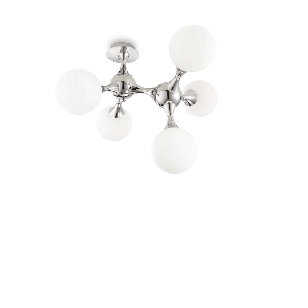 Плафон Ideal Lux Nodi PL05 073712 - хромирано тяло и бели стъклени сфери