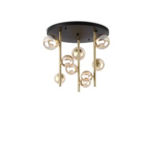 Ideal Lux Perlage PL09 328409 - плафон с кехлибарено стъкло и черна таванна основа и метални стебла в цвят месинг, общ изглед