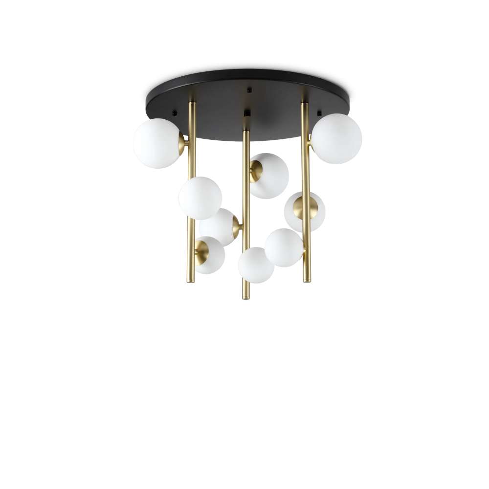 Ideal Lux Perlage PL09 328423 - плафон с бяло матирано стъкло и черна таванна основа и метални стебла в цвят месинг, общ изглед