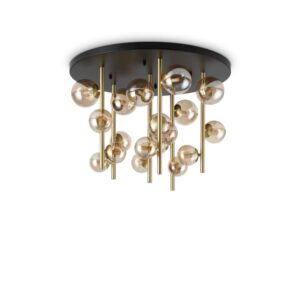 Ideal Lux Perlage PL18 328379 - плафон с кехлибарено стъкло и черна таванна основа и метални стебла в цвят месинг, общ изглед