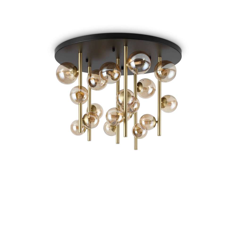 Ideal Lux Perlage PL18 328379 - плафон с кехлибарено стъкло и черна таванна основа и метални стебла в цвят месинг, общ изглед