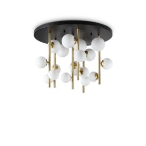 Ideal Lux Perlage PL18 328393 - плафон с бяло матирано стъкло и черна таванна основа и метални стебла в цвят месинг, общ изглед