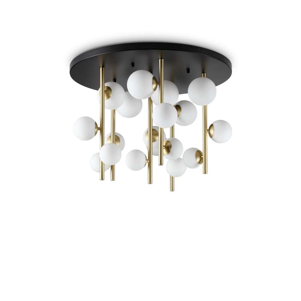 Ideal Lux Perlage PL18 328393 - плафон с бяло матирано стъкло и черна таванна основа и метални стебла в цвят месинг, общ изглед