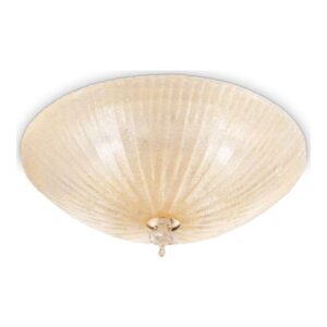 Плафон Ideal Lux Shell PL3 140179 с кехлибарено релефно стъкло и централен месингов детайл