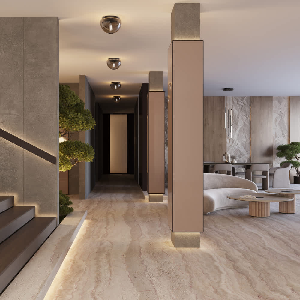 Черни плафони Maytoni Glassy MOD270CL-01B с опушено стъкло по тавана на коридор до стълбище