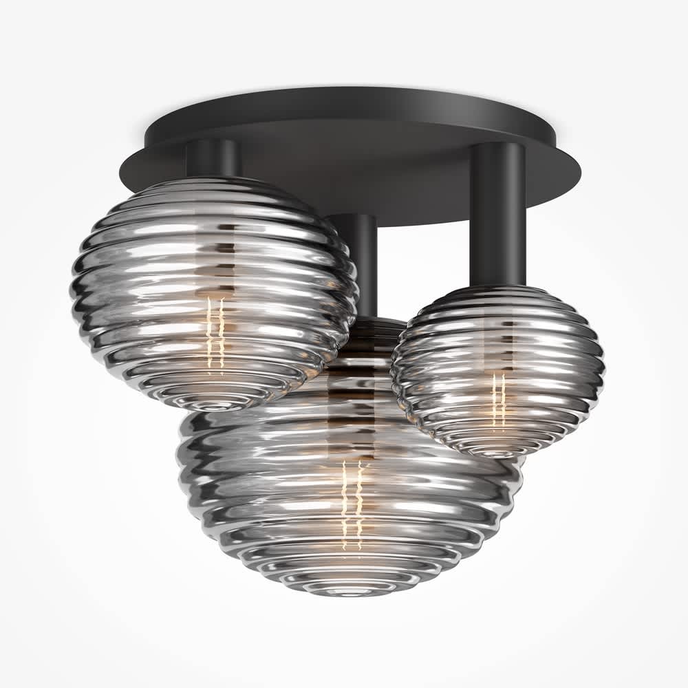 Плафон Maytoni Reels MOD268CL-03B с черно метално тяло и три абажура от опушено стъкло