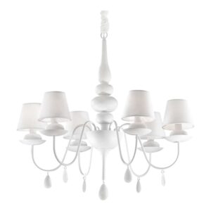 Бял полилей Ideal Lux Blanche SP6 035581 с 6 текстилни абажура, извити метални рамена и декоративни висулки