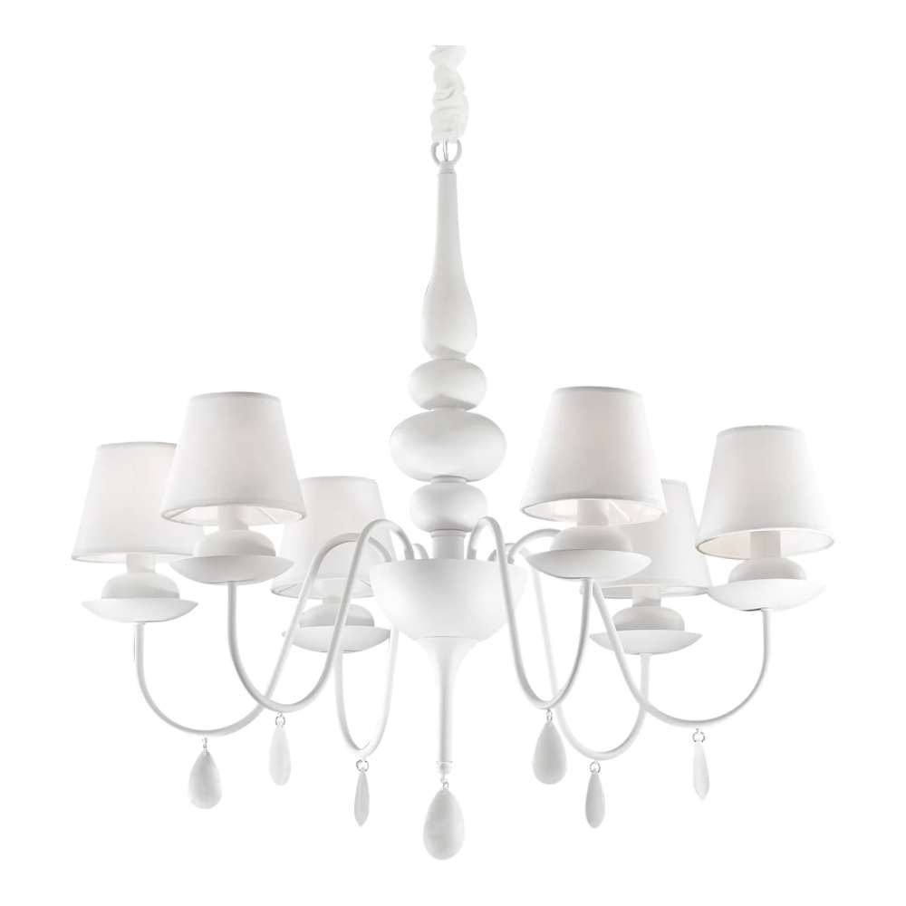 Бял полилей Ideal Lux Blanche SP6 035581 с 6 текстилни абажура, извити метални рамена и декоративни висулки