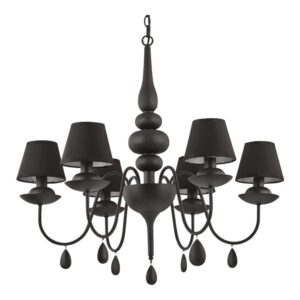 Черен полилей Ideal Lux Blanche SP6 111872 с 6 текстилни абажура, извити метални рамена и декоративни висулки