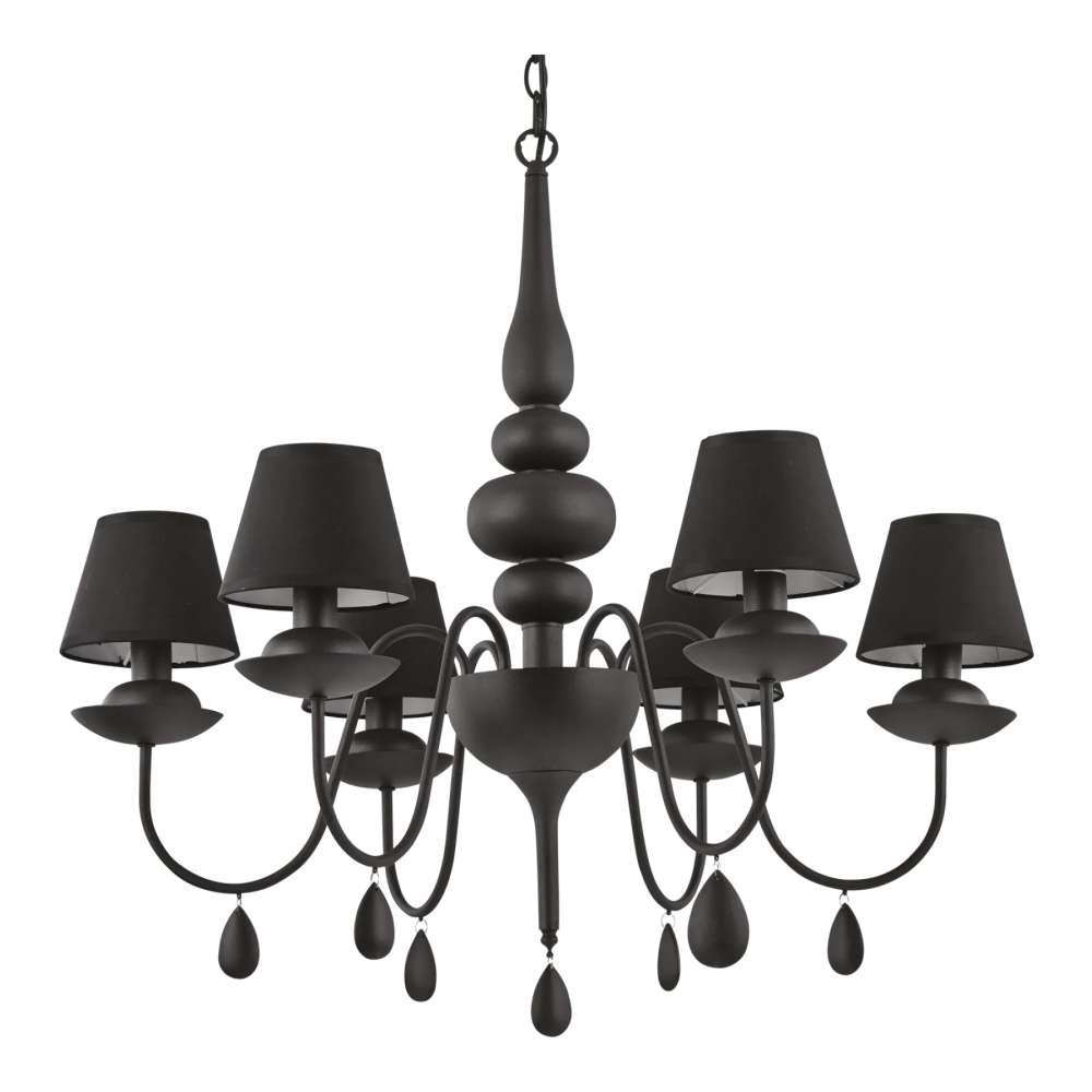 Черен полилей Ideal Lux Blanche SP6 111872 с 6 текстилни абажура, извити метални рамена и декоративни висулки