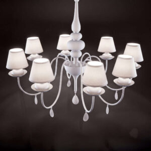 Полилеят Ideal Lux Blanche SP8 035574 е показан с включено осветление и осем бели абажура на тъмен фон