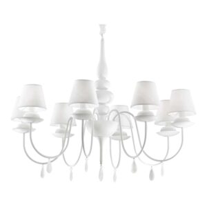 Бял полилей Ideal Lux Blanche SP8 035574 с 8 текстилни абажура, извити метални рамена и декоративни висулки