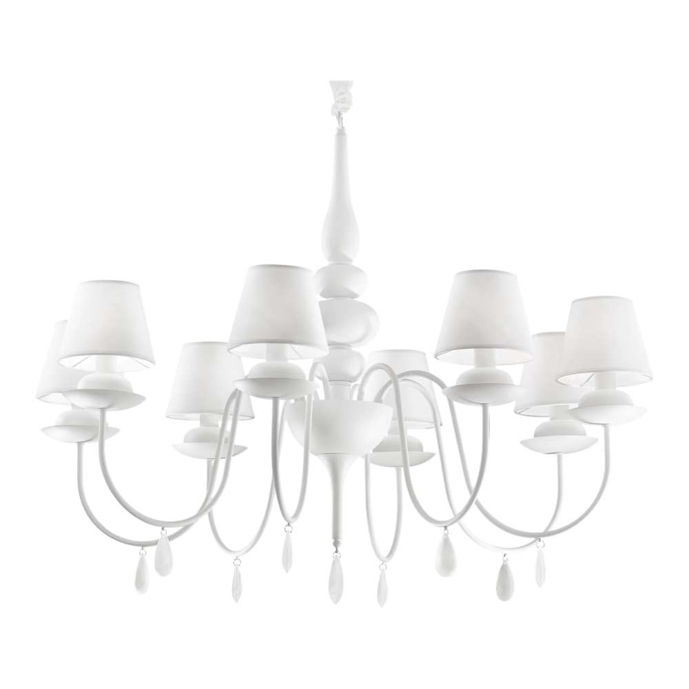 Бял полилей Ideal Lux Blanche SP8 035574 с 8 текстилни абажура, извити метални рамена и декоративни висулки