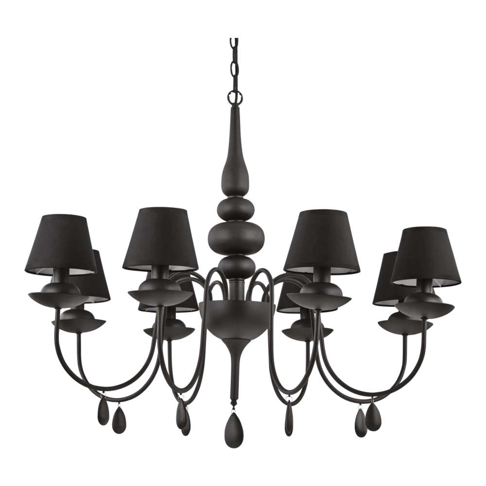 Черен полилей Ideal Lux Blanche SP8 111896 с 8 текстилни абажура, извити метални рамена и декоративни висулки