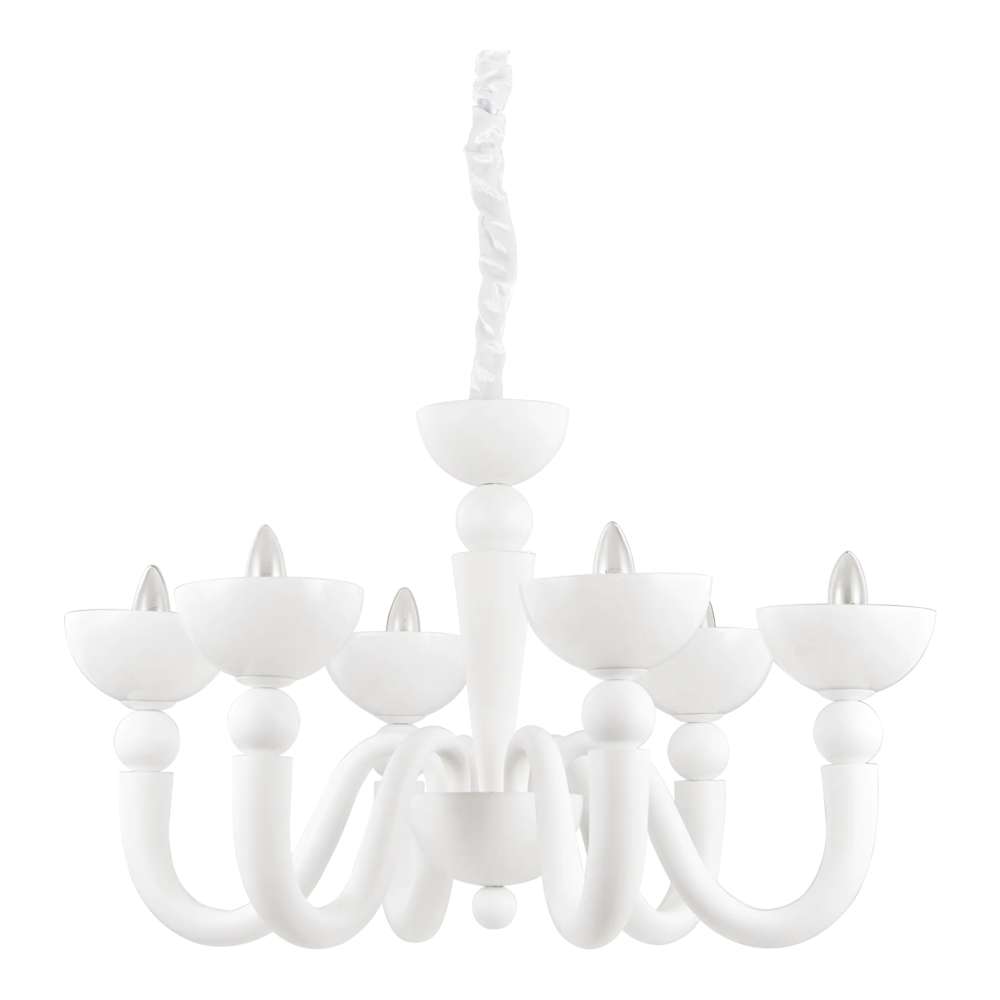 Бял полилей Ideal Lux Bon Bon SP6 093994 с шест извити метални рамена и бели стъклени чашки
