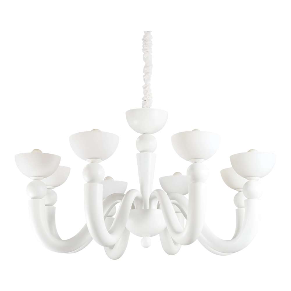 Голям бял полилей Ideal Lux Bon Bon SP8 094007 с осем метални рамена и бели стъклени чашки