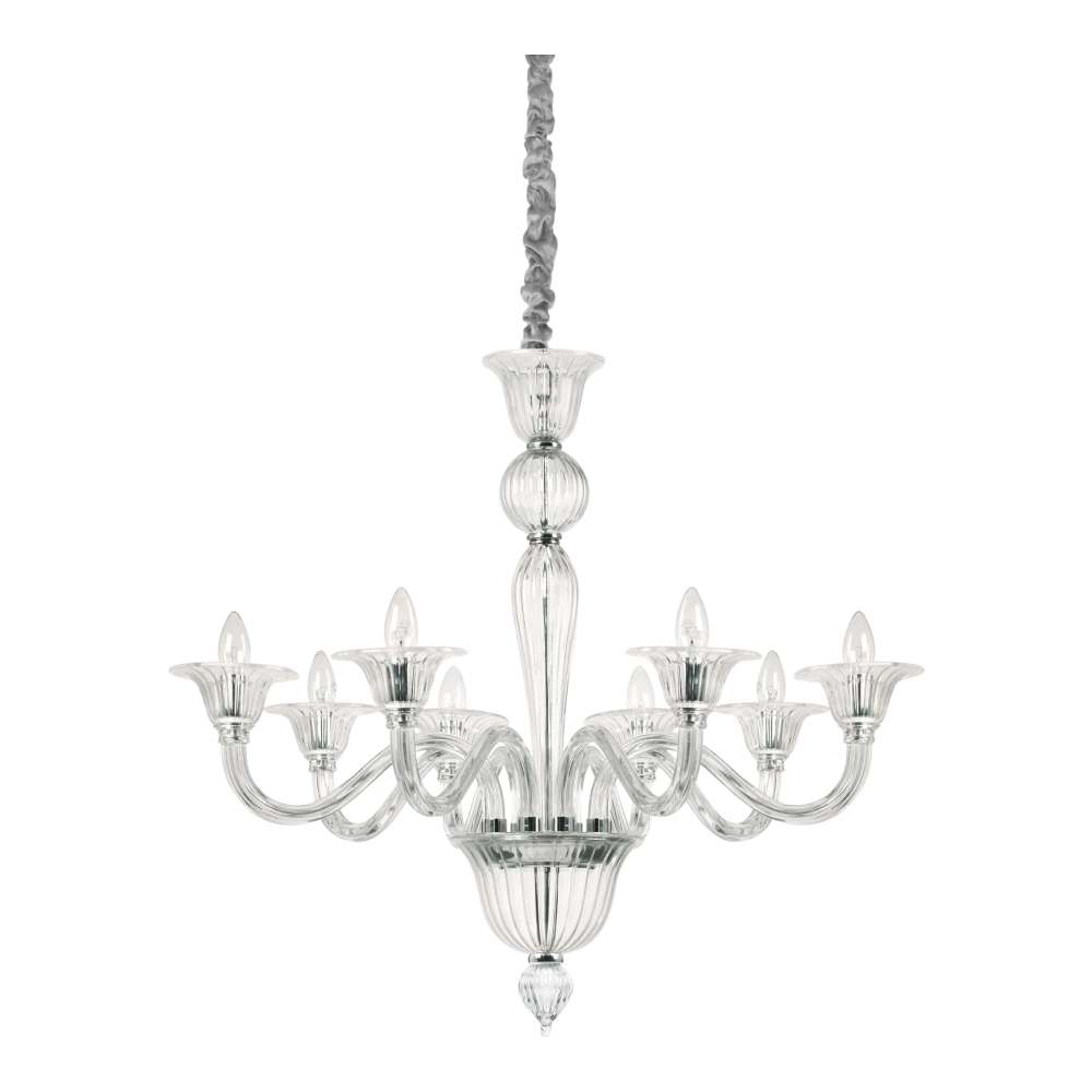 Класически полилей Ideal Lux Brigitta SP08 199382 с извити рамена от прозрачно стъкло, 8 фасунги E14 и окачване с верига