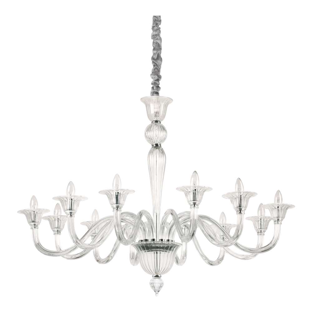 Класически полилей Ideal Lux Brigitta SP12 199375 с извити рамена от прозрачно стъкло, 12 фасунги E14 и окачване с верига