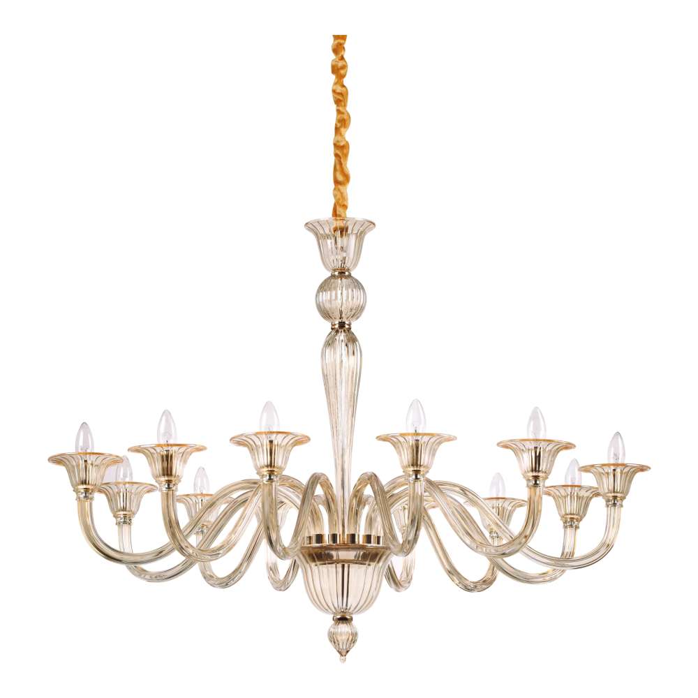 Класически полилей Ideal Lux Brigitta SP12 199405 с извити рамена от кехлибарено стъкло, 12 фасунги E14 и окачване с верига