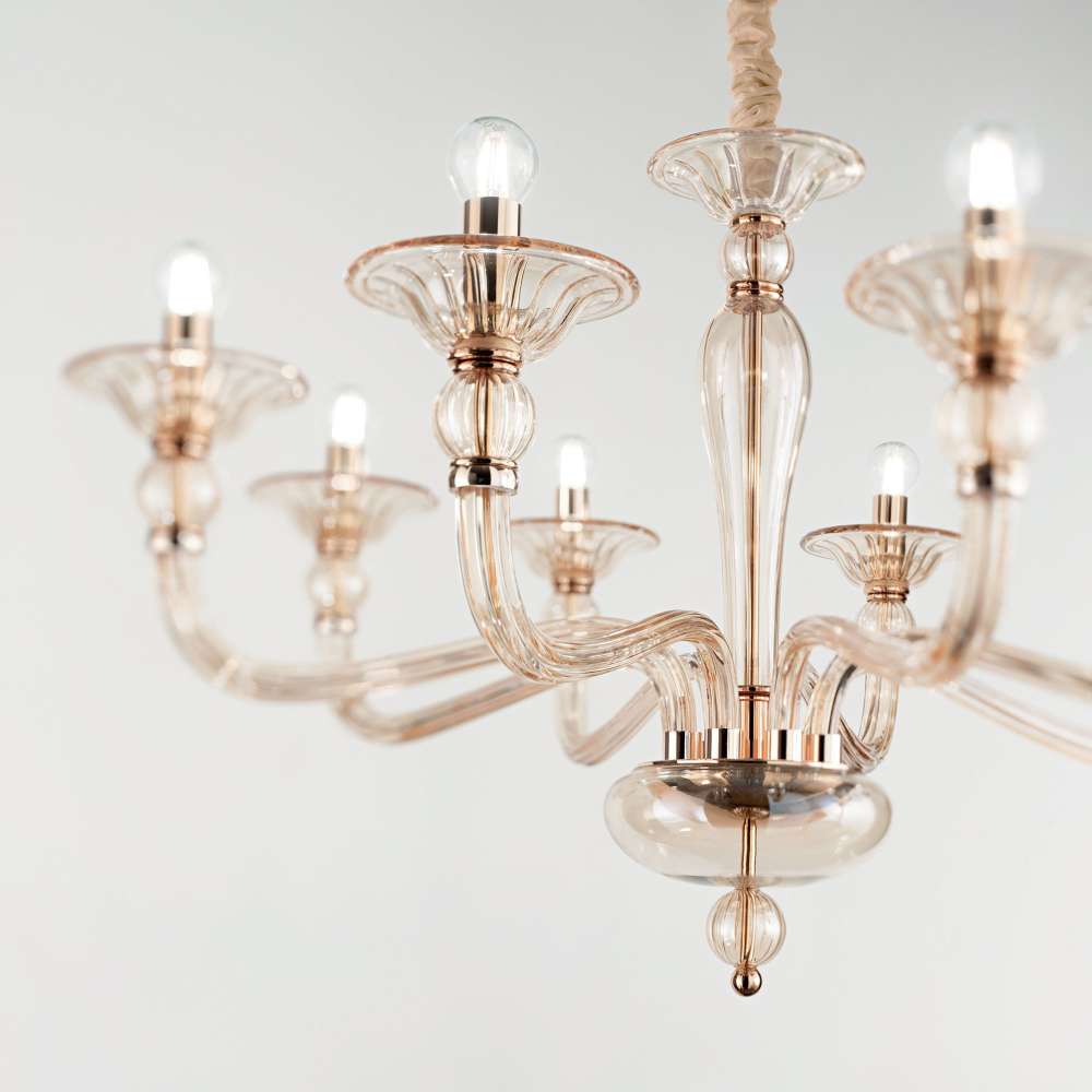 Кехлибарени стъклени рамена и декоративни чашки на полилей Ideal Lux Danieli SP8 159973