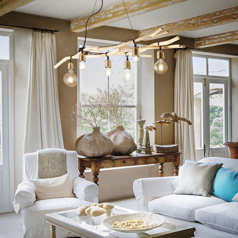 Полилей Ideal Lux Driftwood SP6 180922 с шест светлинни източника и естествени клони в дневна с дървени греди